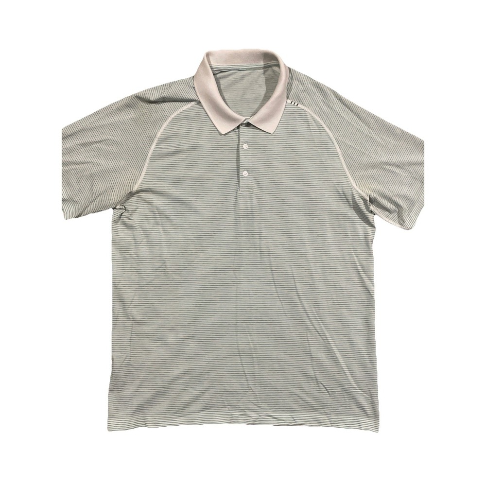Lululemon Men Med Short Sleeve Button Polo Shirt Green White Striped Performance